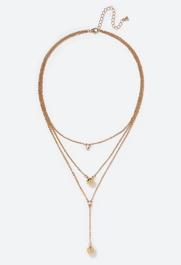 Lana 3 Rows Metal Beads And Glass Stone Drops Necklace