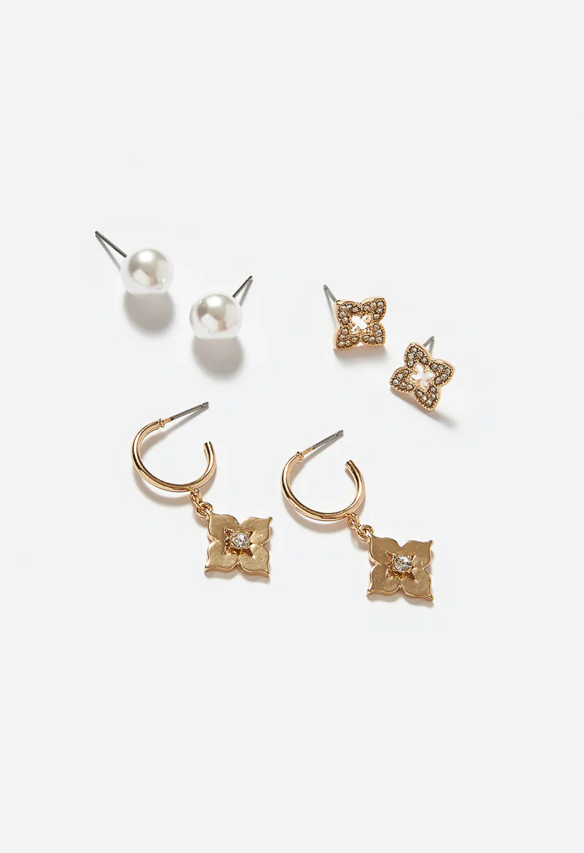 Lyv 3 Pair Mixed Pearl And Clover Studs And Hoops - Image 3