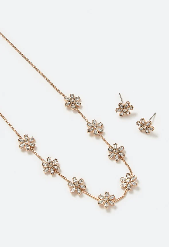 Mara Glass Rhinestones Flower Stud Earrings & Necklace Set - Image 3