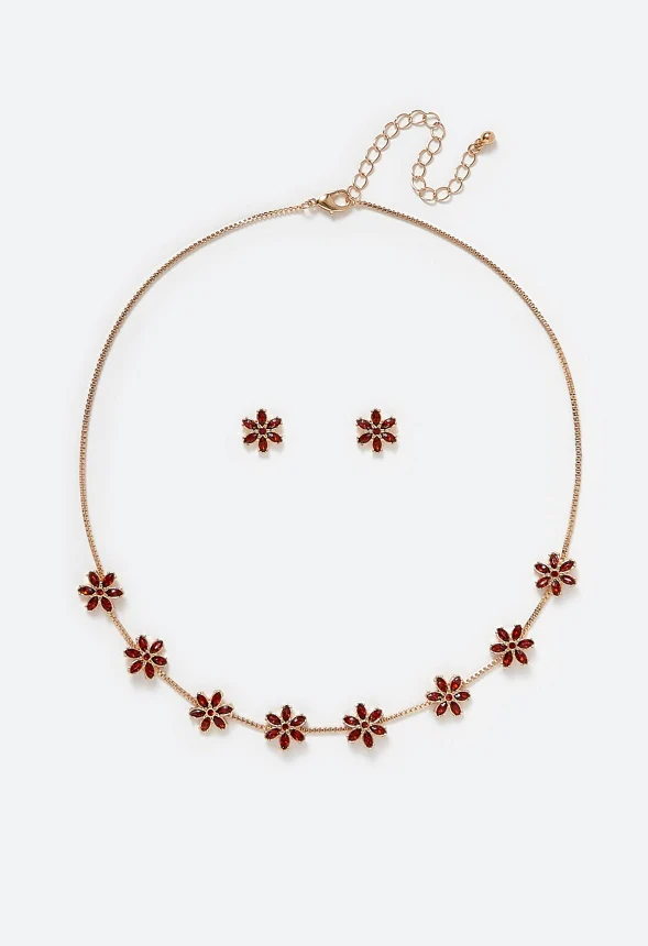 Mara Glass Rhinestones Flower Stud Earrings & Necklace Set