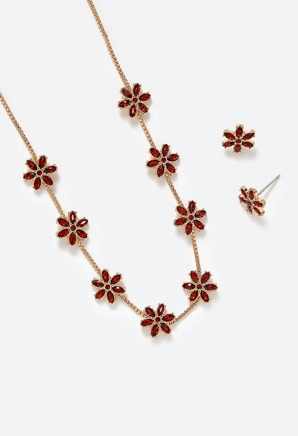 Mara Glass Rhinestones Flower Stud Earrings & Necklace Set - Image 3