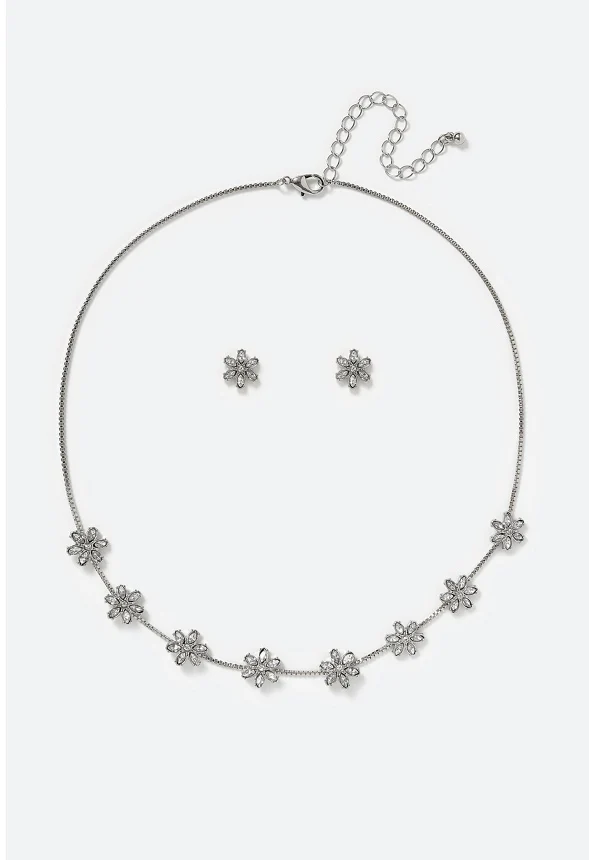 Mara Glass Rhinestones Flower Stud Earrings & Necklace Set