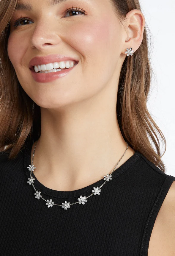 Mara Glass Rhinestones Flower Stud Earrings & Necklace Set - Image 2
