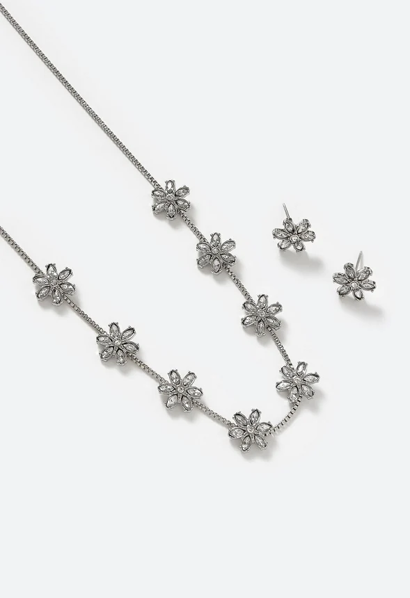 Mara Glass Rhinestones Flower Stud Earrings & Necklace Set - Image 3