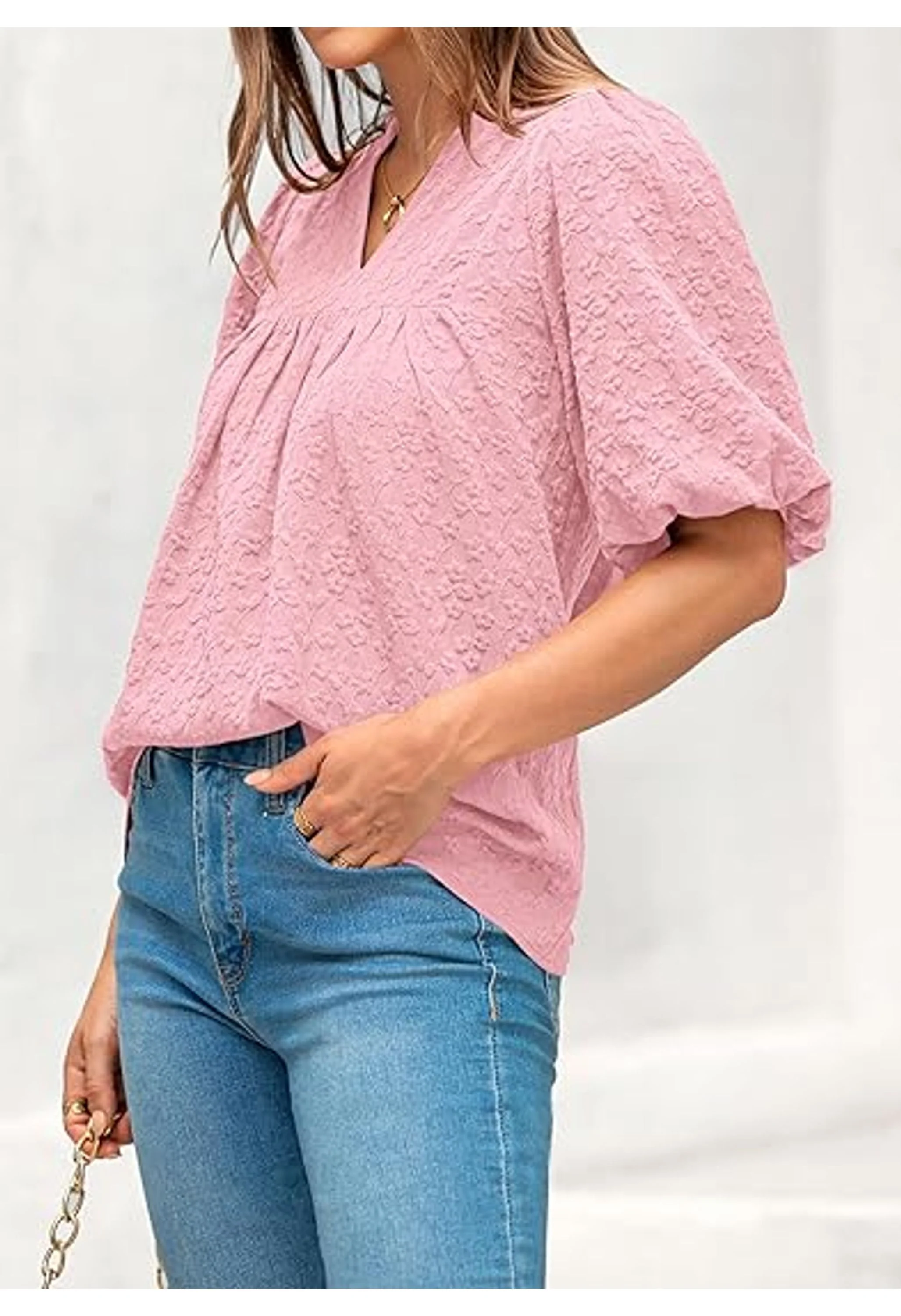 Women's Ruffle V Neck Puff Sleeve Babydoll Top - Image 2