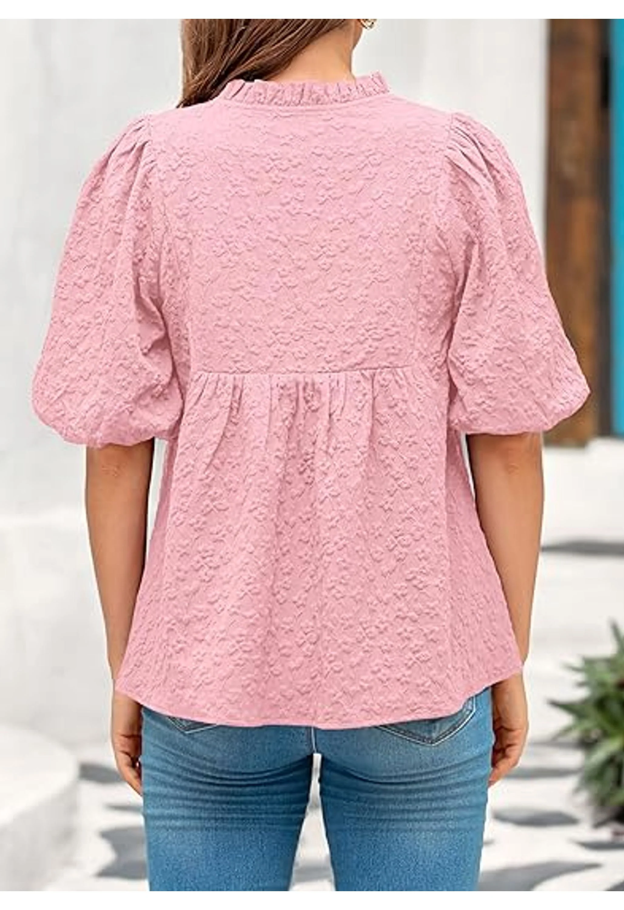 Women's Ruffle V Neck Puff Sleeve Babydoll Top - Image 3