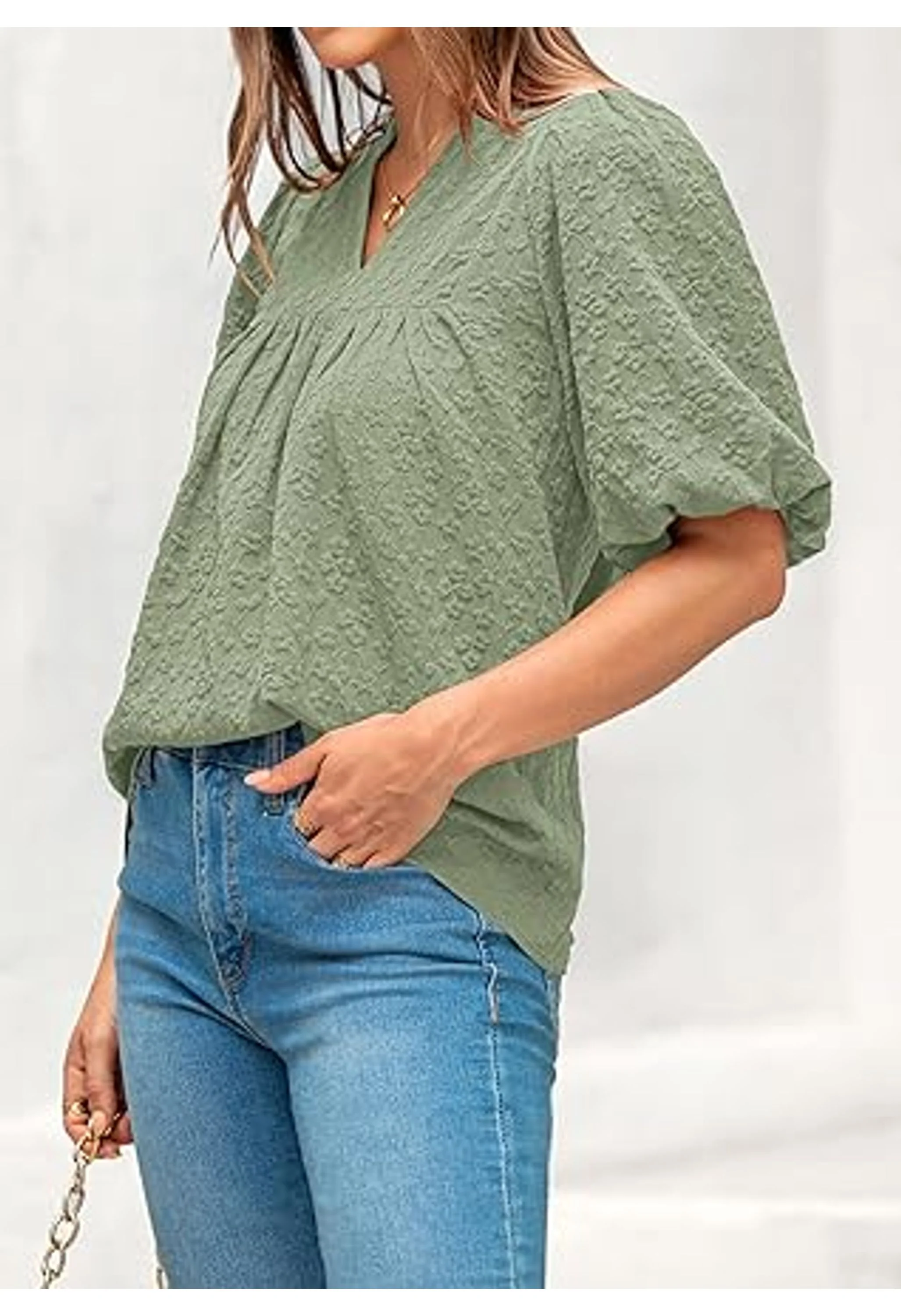 Women's Ruffle V Neck Puff Sleeve Babydoll Top - Image 2