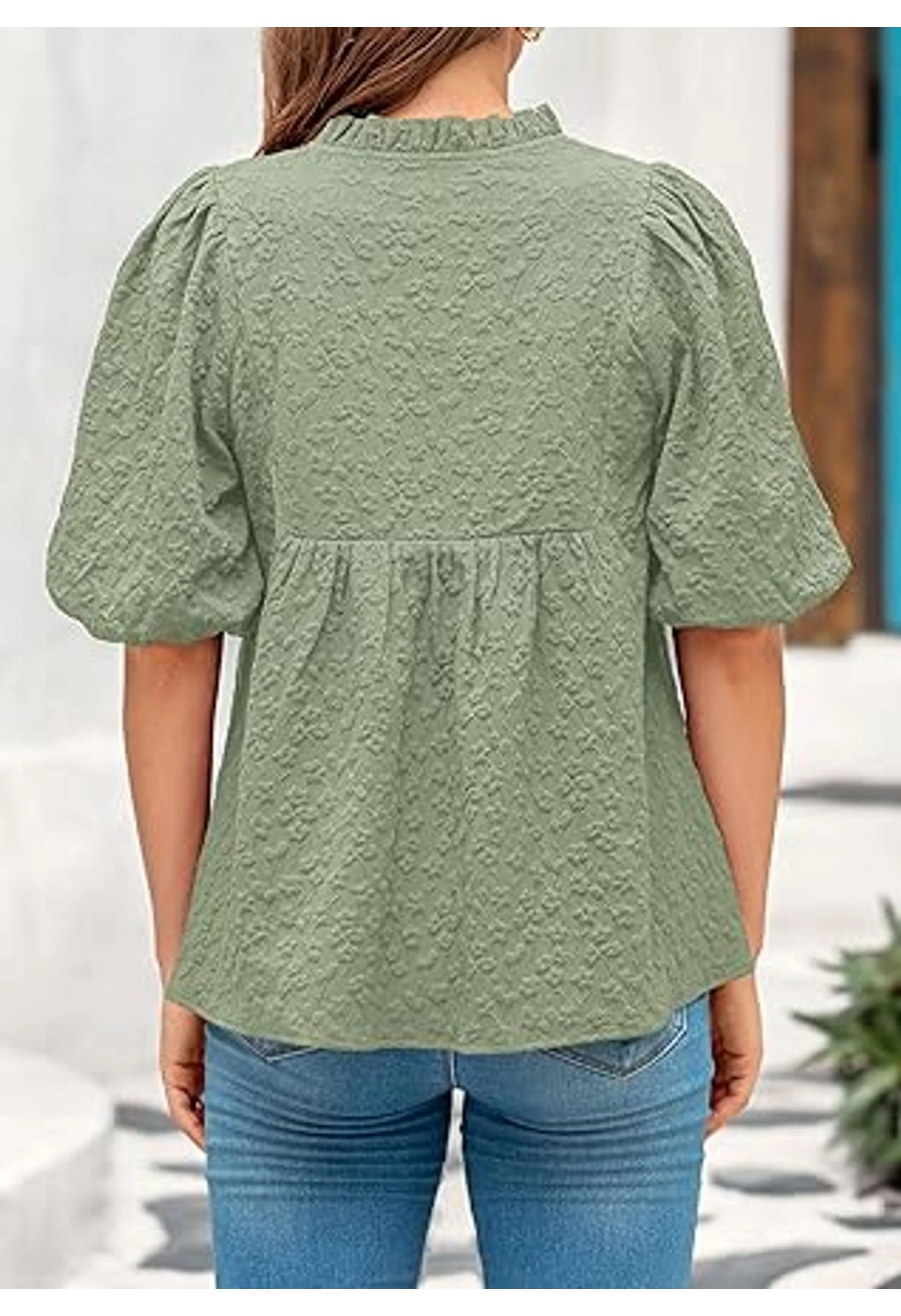Women's Ruffle V Neck Puff Sleeve Babydoll Top - Image 3