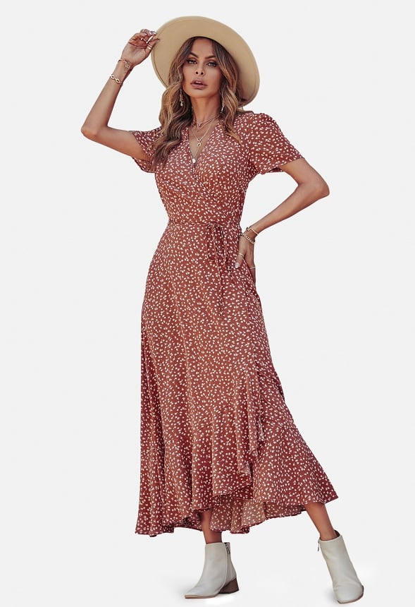 Maxi V Neck Ruffle Wrap Long Dress