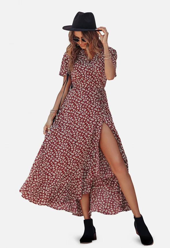 Maxi V Neck Ruffle Wrap Long Dress - Image 2