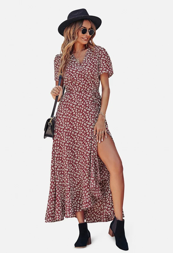 Maxi V Neck Ruffle Wrap Long Dress - Image 3