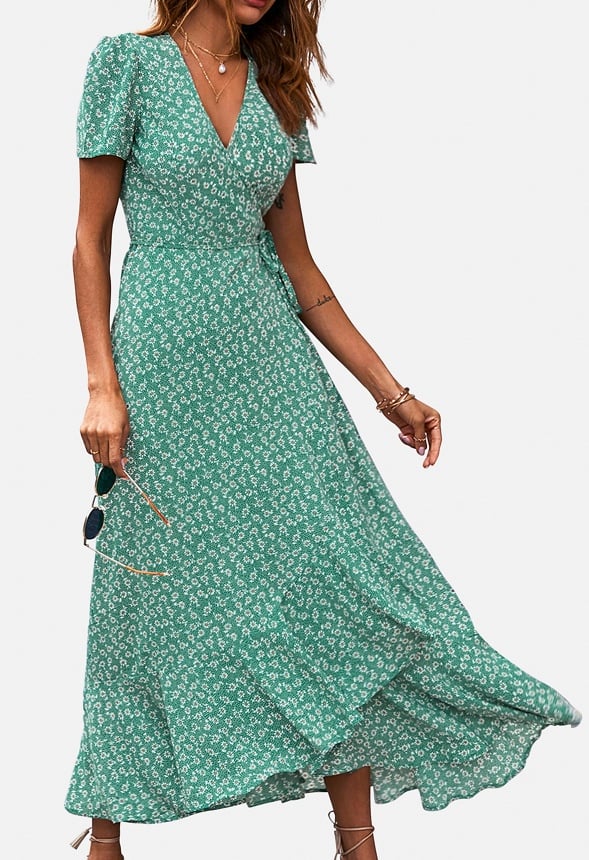 Maxi V Neck Ruffle Wrap Long Dress