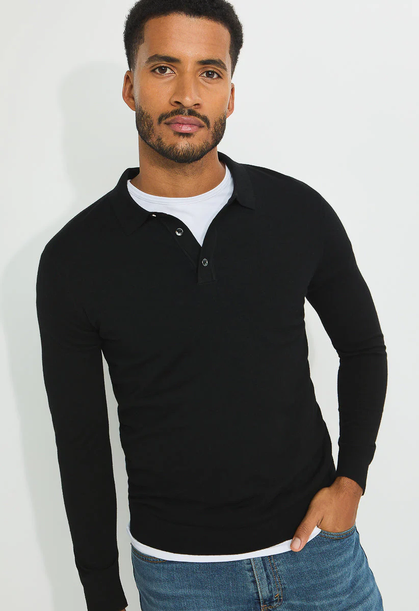 Men's Merino Wool Blend Long Sleeve Knit Polo - Image 3