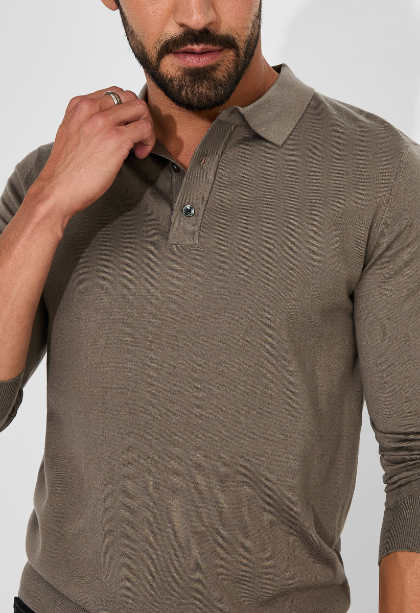 Men's Merino Wool Blend Long Sleeve Knit Polo - Image 4