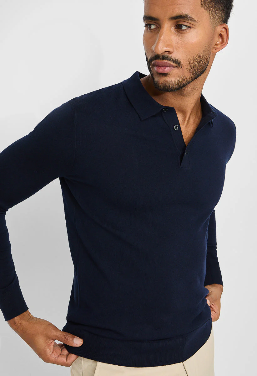 Men's Merino Wool Blend Long Sleeve Knit Polo - Image 3
