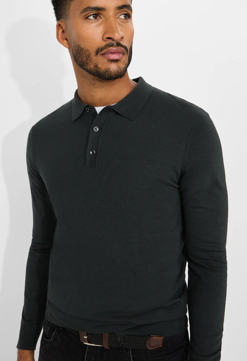 Men's Merino Wool Blend Long Sleeve Knit Polo - Image 3