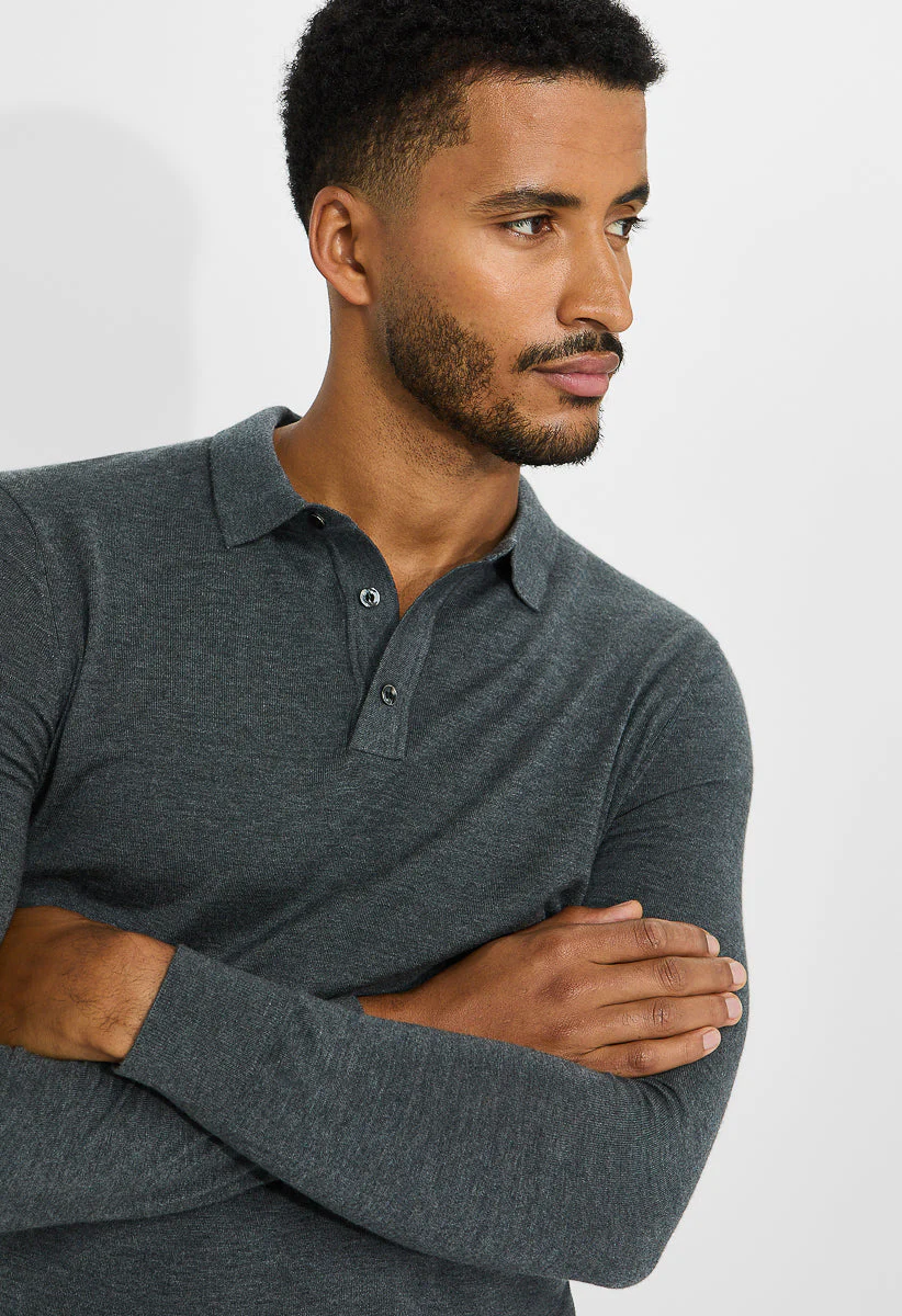 Men's Merino Wool Blend Long Sleeve Knit Polo - Image 4