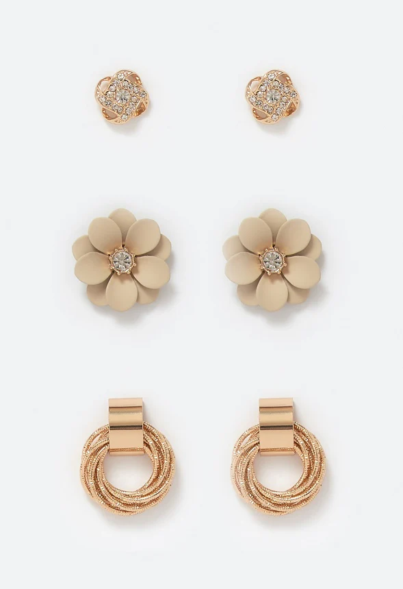 Mina 3-Pair Knot Enamel Flower And Twisted Ring Stud Earrings