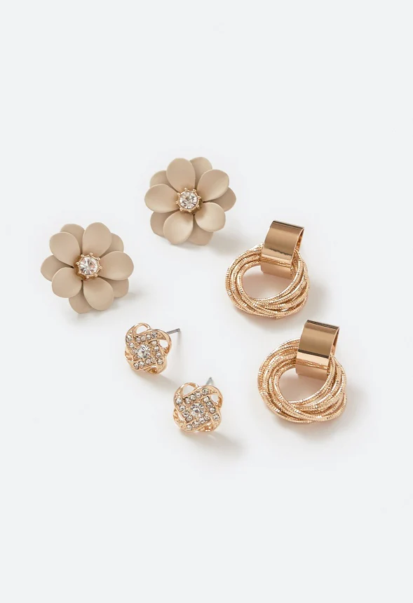 Mina 3-Pair Knot Enamel Flower And Twisted Ring Stud Earrings - Image 3