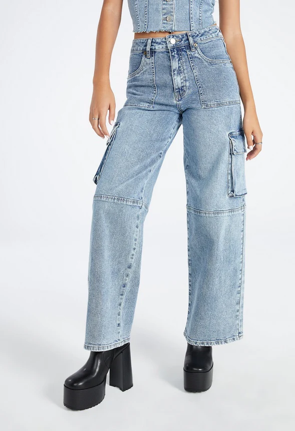 Nicky Mid Rise Straight Cargo Denim Jeans