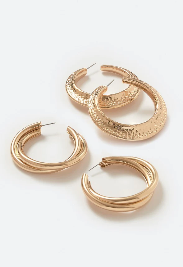 Nyra 2-Pair Lightweight Hoops In Hammered Metal & Twist Designs - Image 3