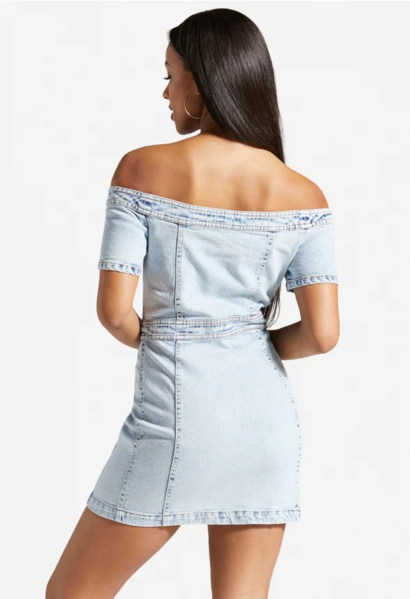 Off Shoulder Denim Mini Dress - Image 2