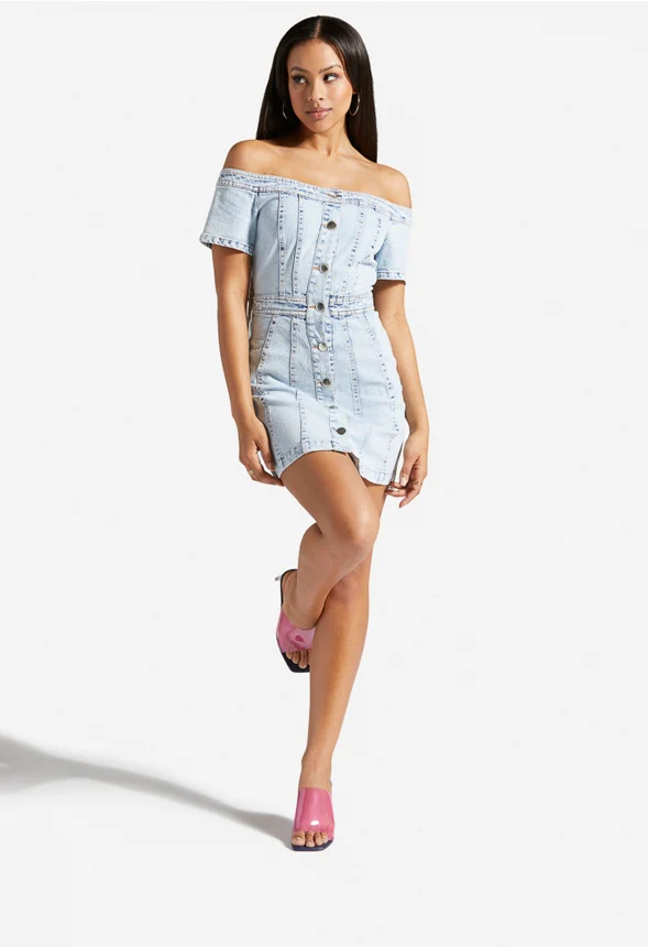 Off Shoulder Denim Mini Dress - Image 4