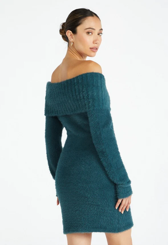 Off Shoulder Fuzzy Sweater Dress - Image 2