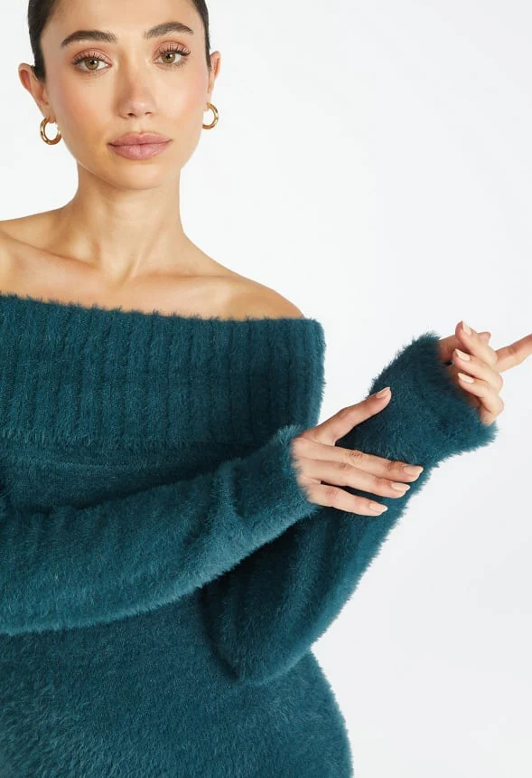 Off Shoulder Fuzzy Sweater Dress - Image 3