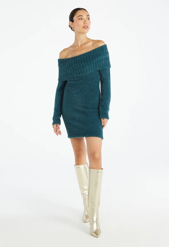 Off Shoulder Fuzzy Sweater Dress - Image 4
