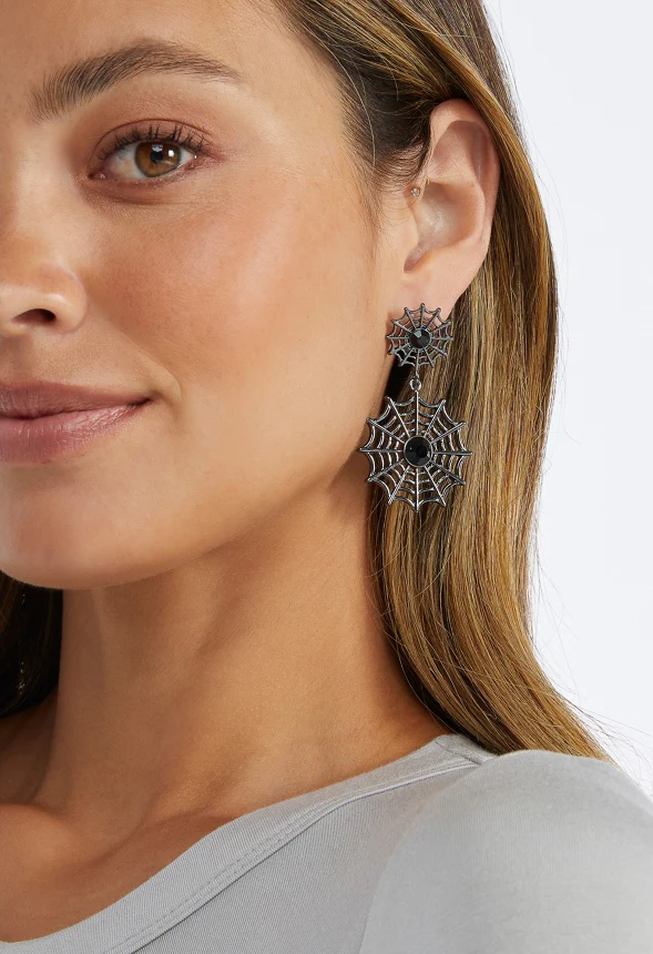 Olga Halloween Double Spiderweb With Glass Stones Drop Earrings - Image 2
