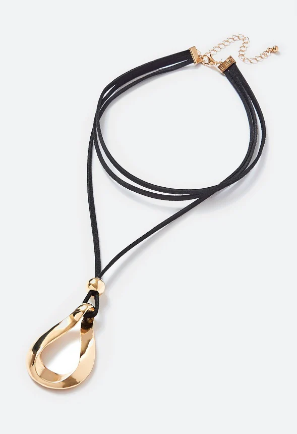 Ora Fixed Suede Lariat With Organic Ring Pendant Necklace - Image 3