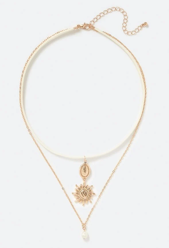 Paige Layered Necklace With Sun Charm & Organic Glass Pearl Drop - Image 2