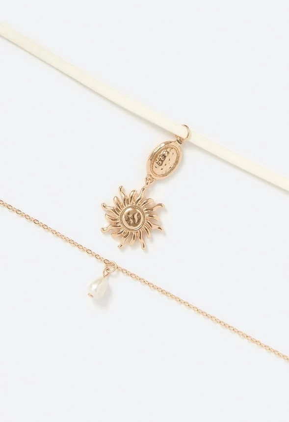 Paige Layered Necklace With Sun Charm & Organic Glass Pearl Drop - Image 3