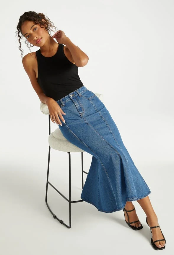 Denim Paneled Flare Skirt - Image 4