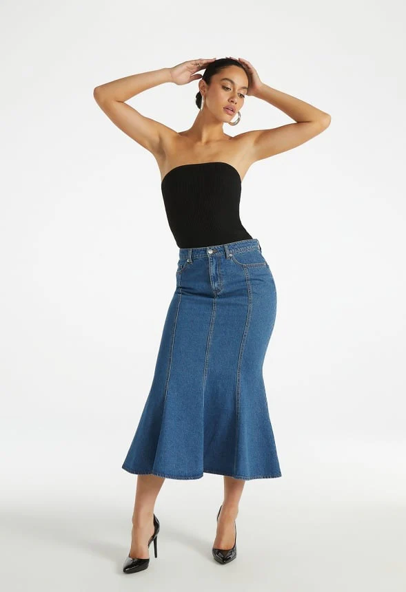 Denim Paneled Flare Skirt - Image 5