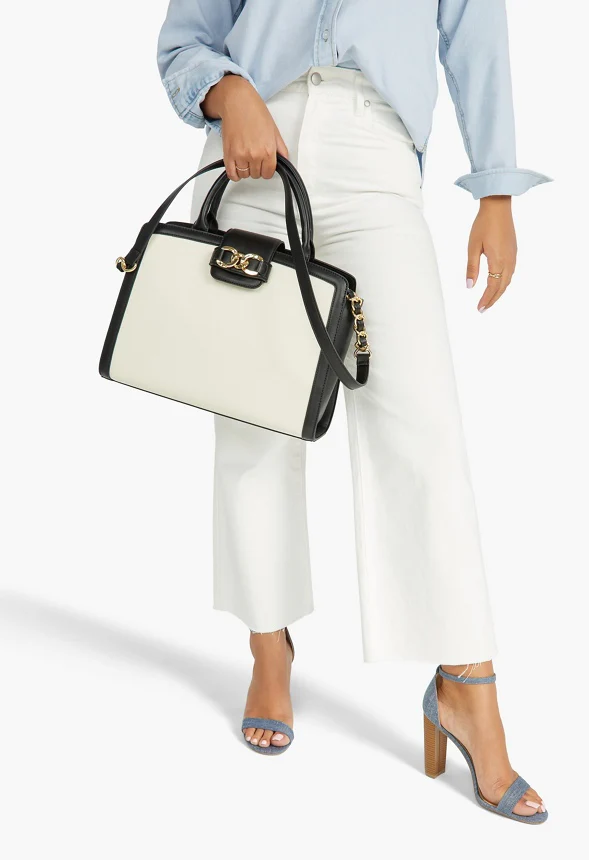 Paneled Satchel With Chain Trim - Image 4