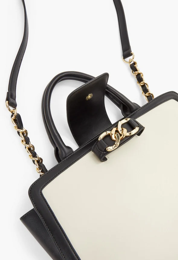 Paneled Satchel With Chain Trim - Image 5
