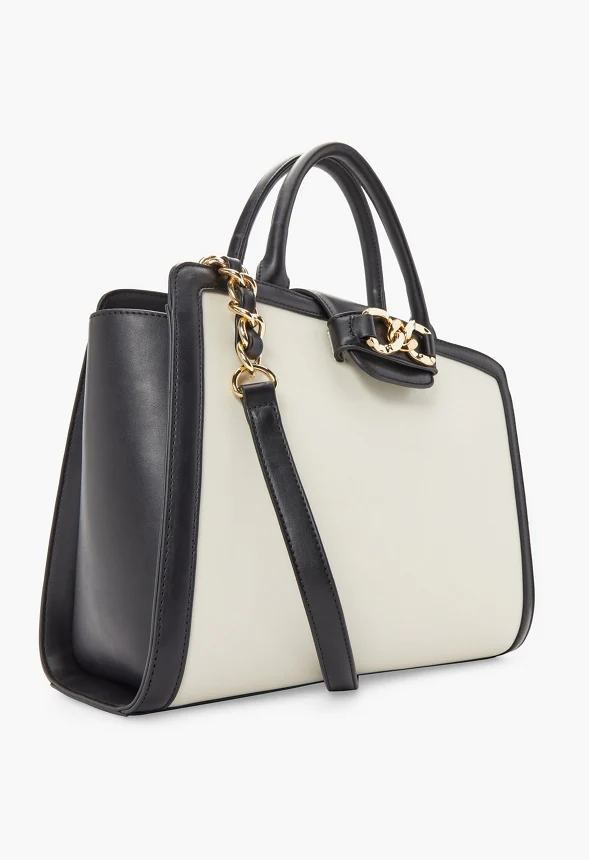 Paneled Satchel With Chain Trim - Image 7
