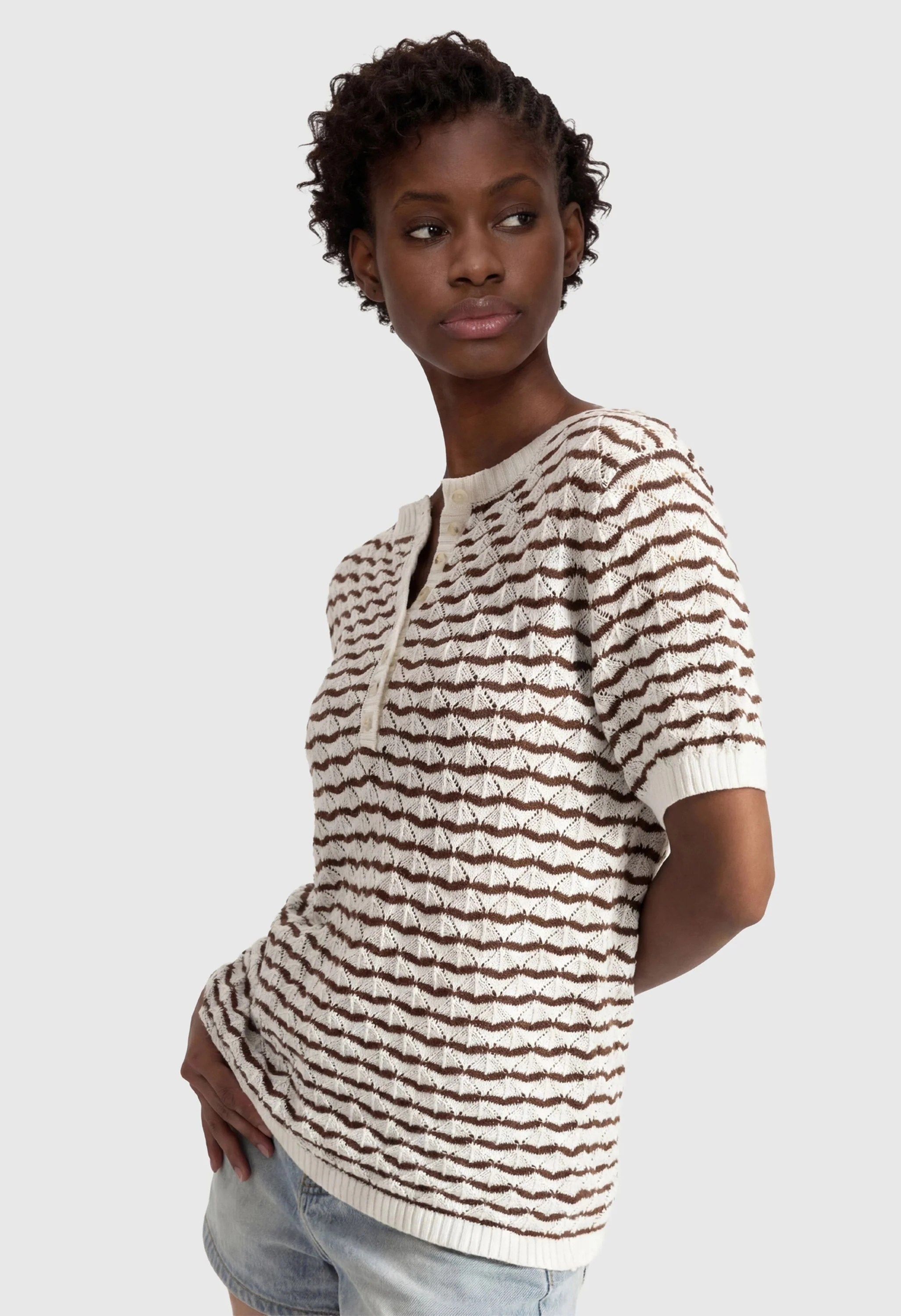 Women Knit Summer Tops Button Short Sleeve Sweater - Image 3