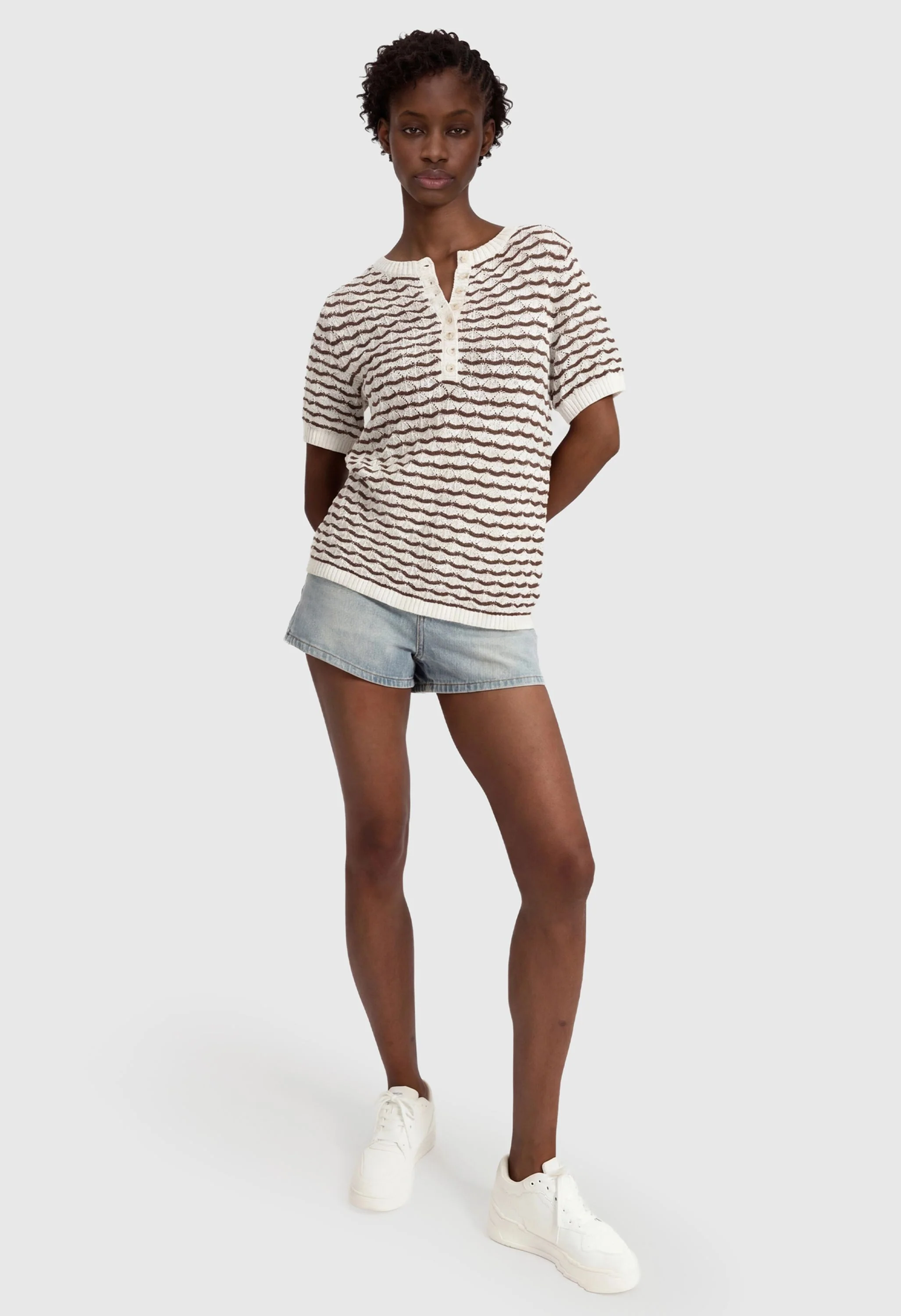 Women Knit Summer Tops Button Short Sleeve Sweater - Image 4