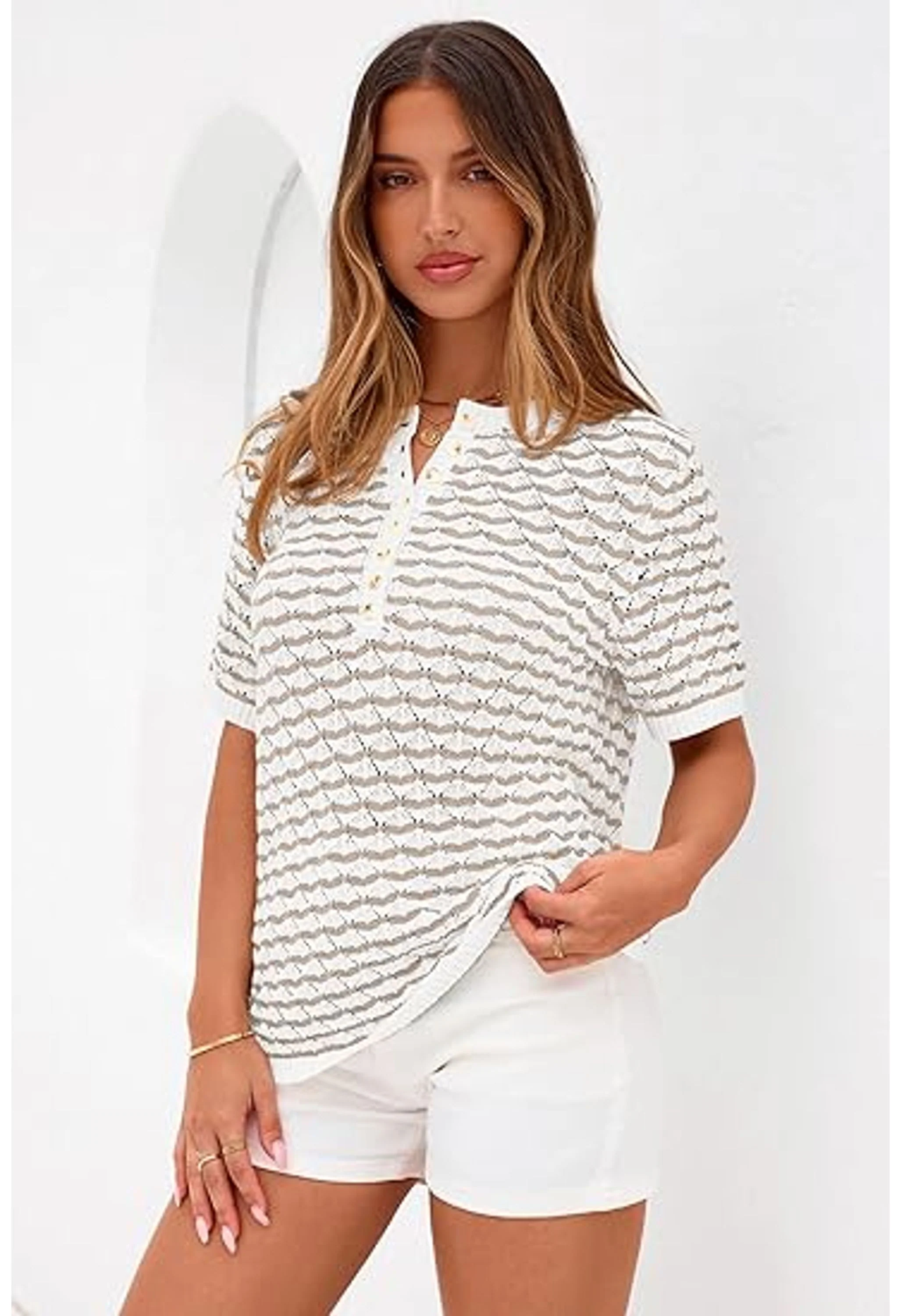 Women Knit Summer Tops Button Short Sleeve Sweater - Image 2