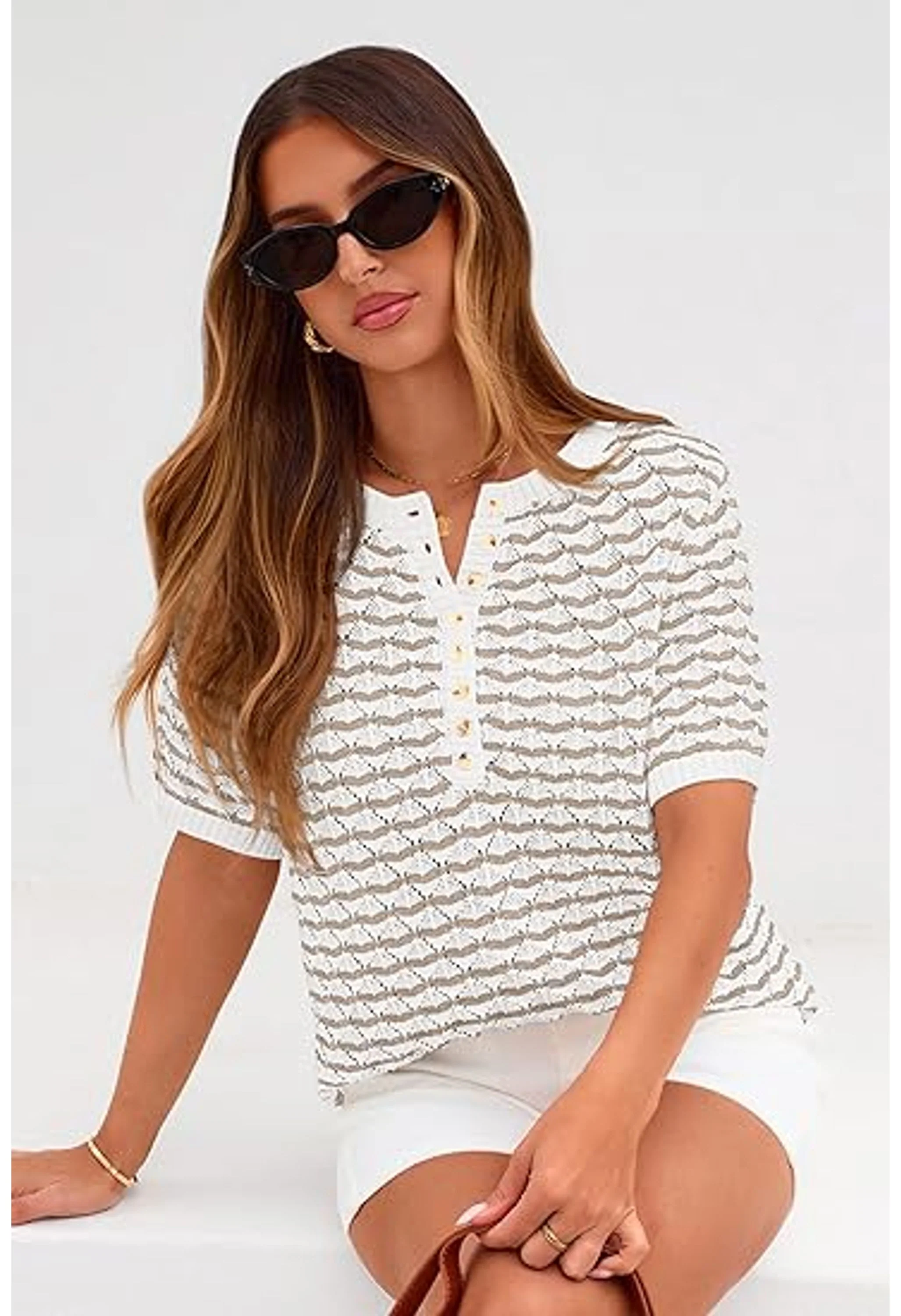 Women Knit Summer Tops Button Short Sleeve Sweater - Image 3
