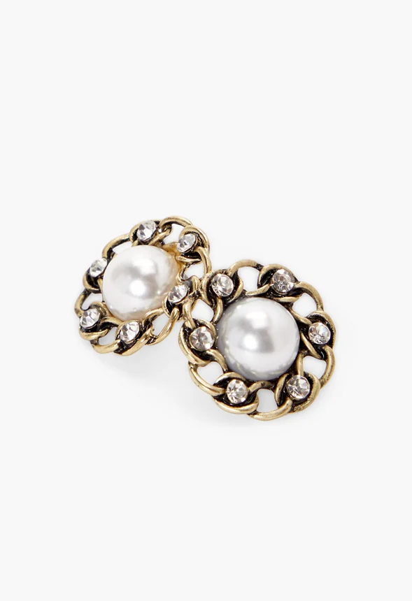 Pearl Studs With Molded Chain Rim Earrings - Image 2