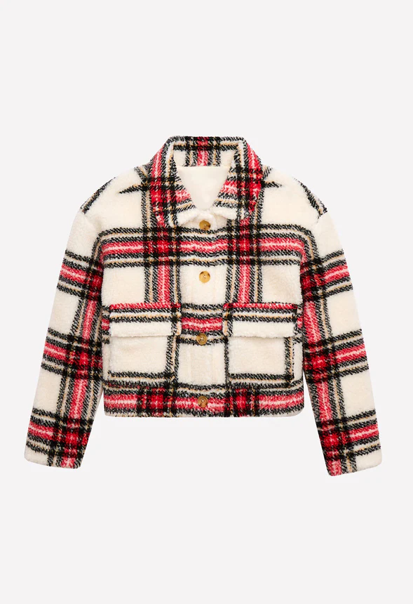 Plaid Cropped Sherpa Jacket - Image 2