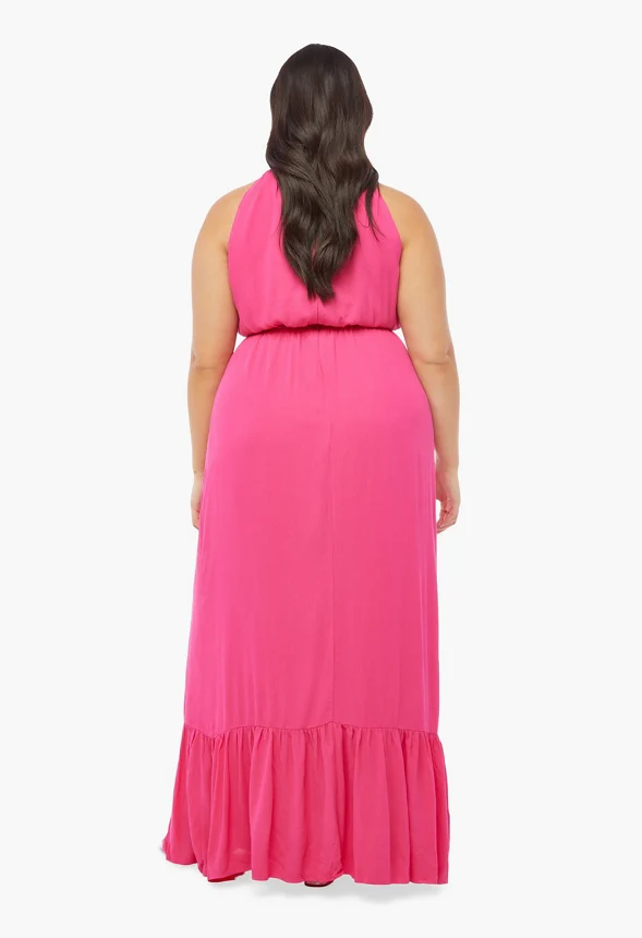 Plus Size Crochet Trim High Halter Maxi Dress - Image 2