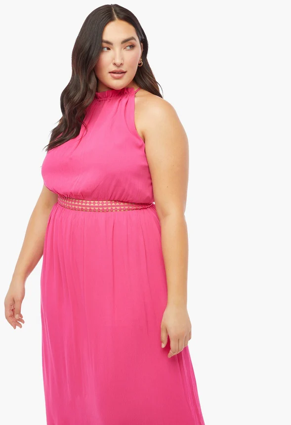 Plus Size Crochet Trim High Halter Maxi Dress - Image 4