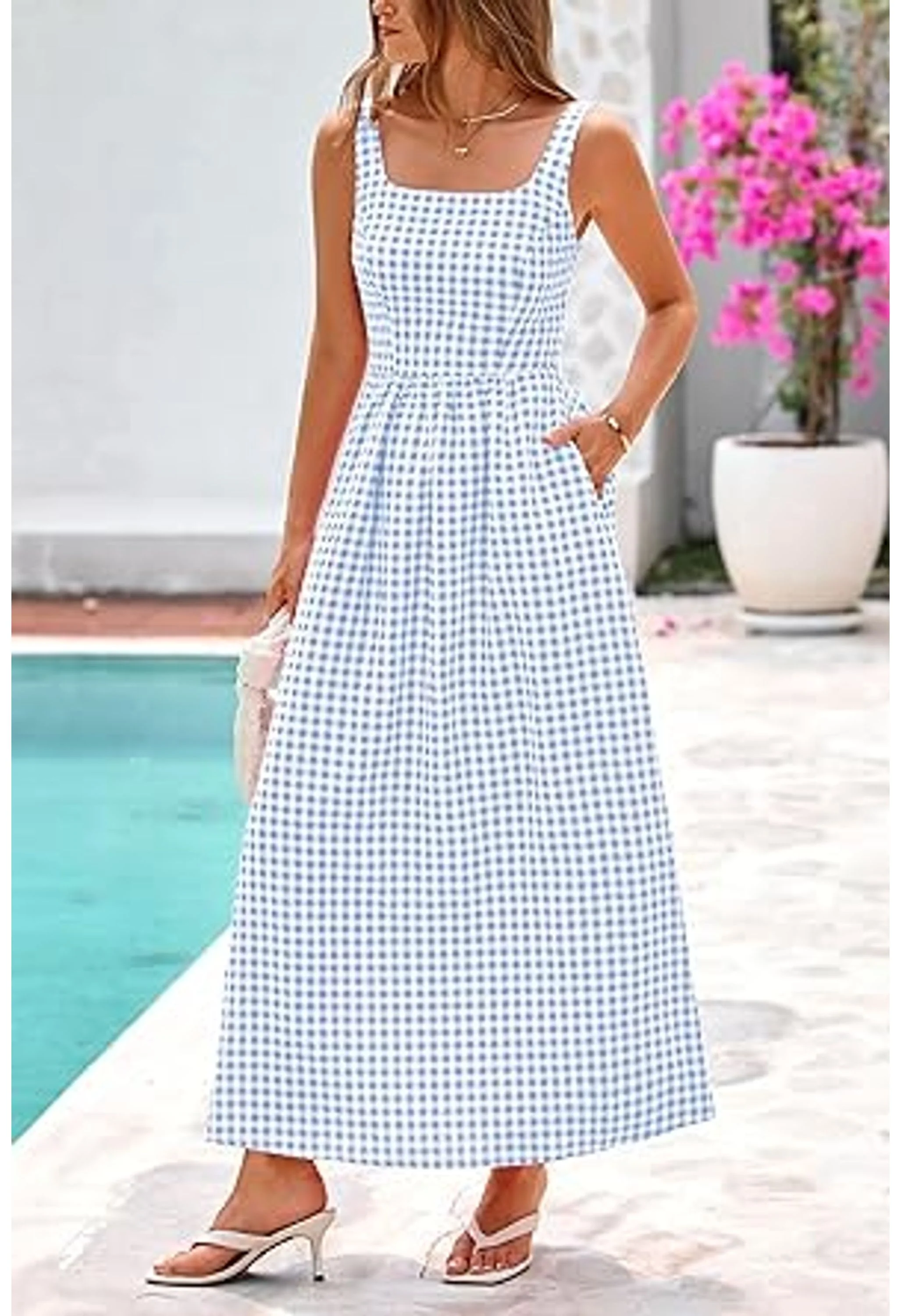 Women's Plaid Spaghetti Strap Flowy Maxi Dress - Image 2