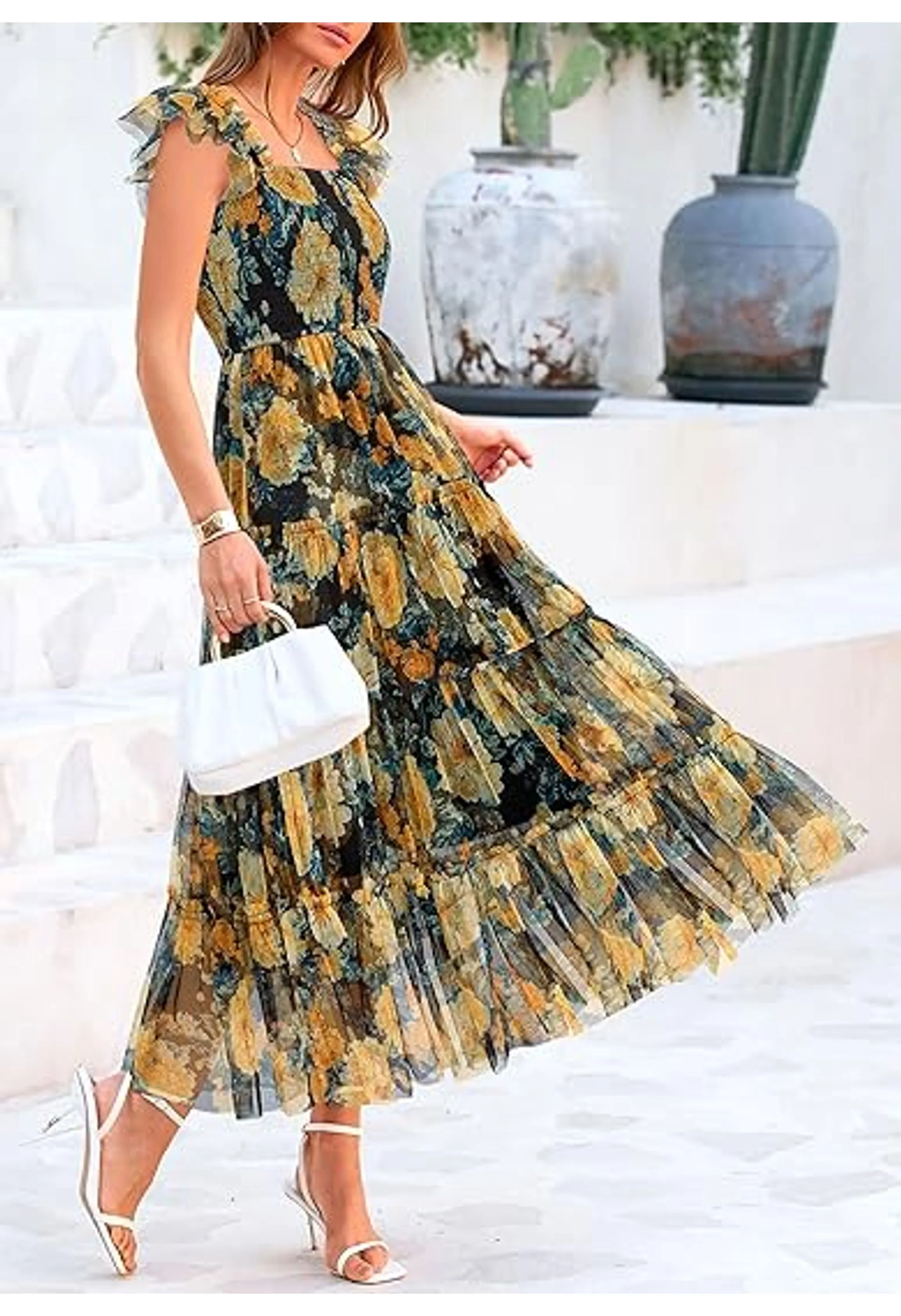 Women's Sleeveless Tulle Smocked Ruffle Midi Dress - Image 2