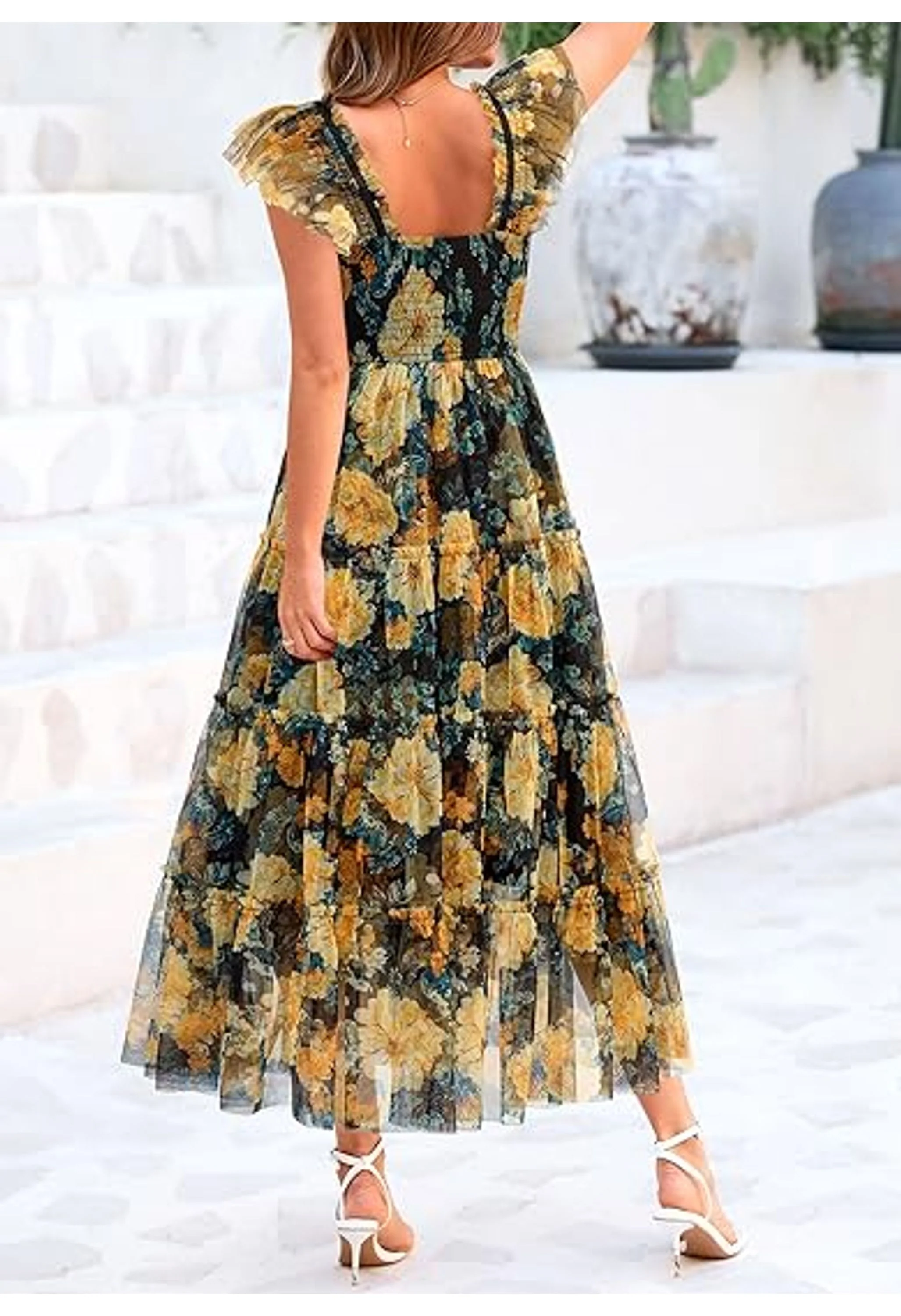 Women's Sleeveless Tulle Smocked Ruffle Midi Dress - Image 3